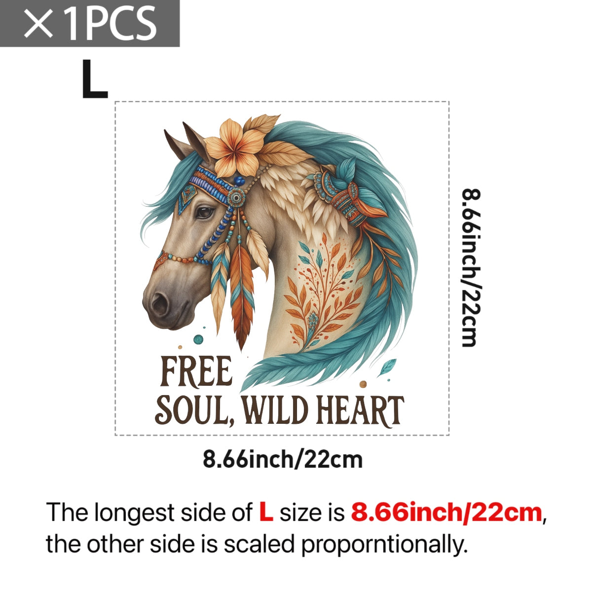 Colorful Horse "Free Soul, Wild Heart" Designs DIY Iron-On Transfer Stickers , Washable, Heat Press Decals for T-Shirts