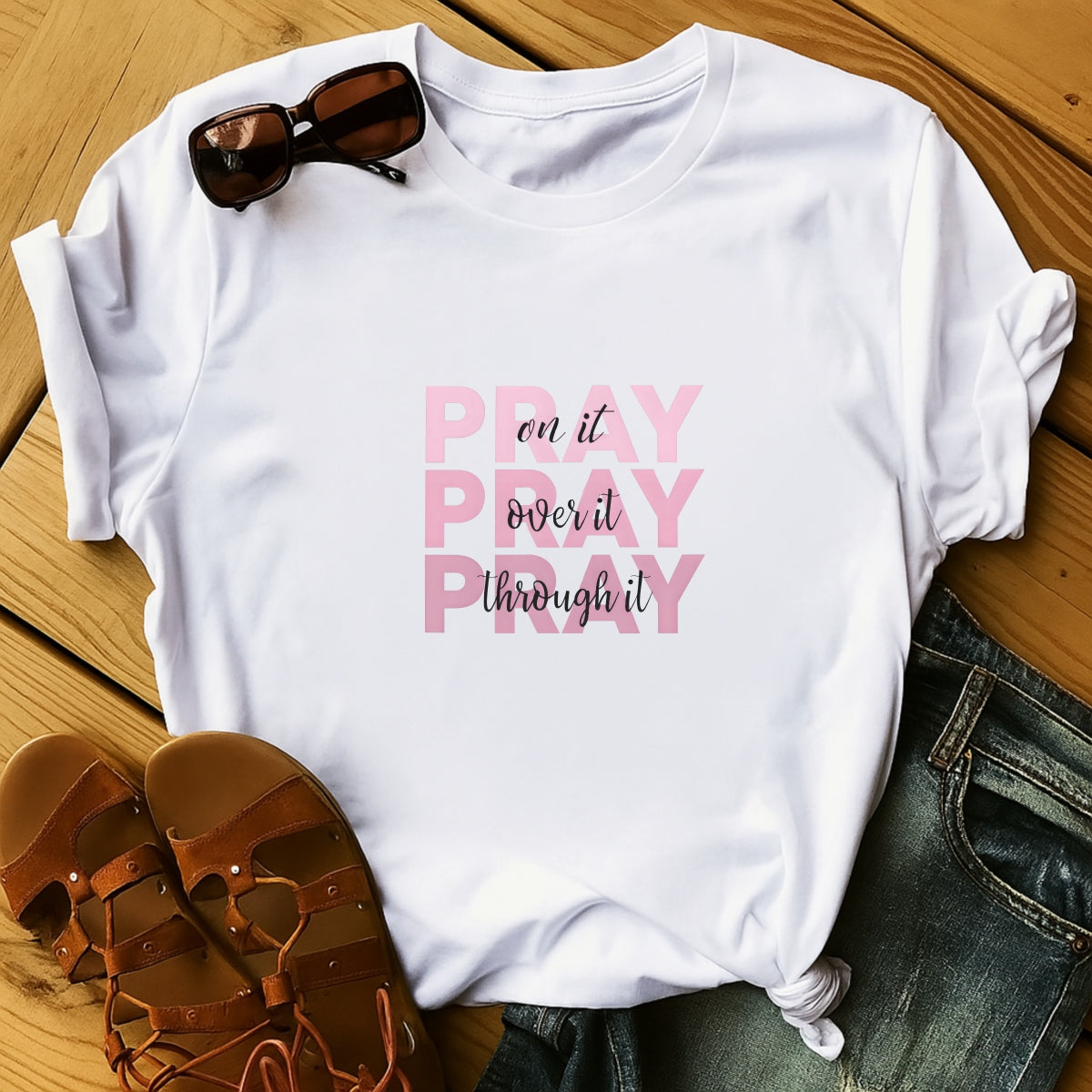 DTF Heat Transfer Iron On Sticker ,  Minimalist Pink PRAY Quote with Layered Cursive, Spiritual Encouragement Wall Decal for Clothing, Tote Bags, Hoodies