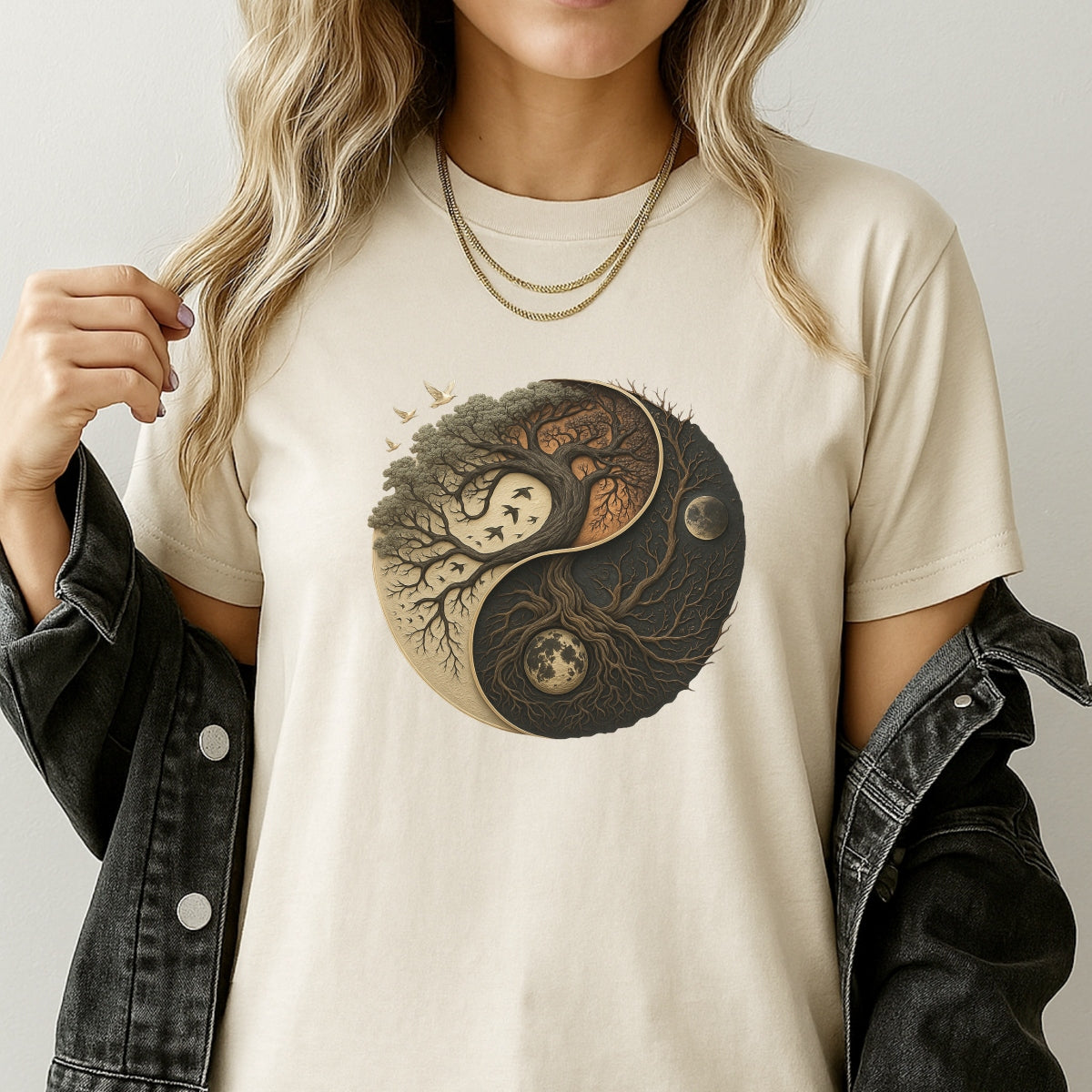 Yin Yang Tree of Life DTF Heat Transfer, Moon & Nature Spiritual Iron On Decal for DIY T-Shirts, Ready to Press, Full Color, Washable