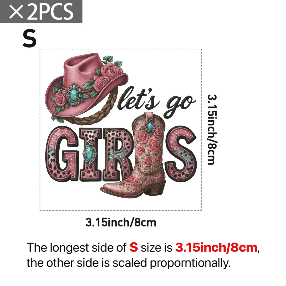 Let’s Go Girls Western DTF Transfer , Pink Cowgirl Hat and Boot Heat Press Iron-On for T-Shirts, Country Rodeo Style, Glitter Vinyl Look