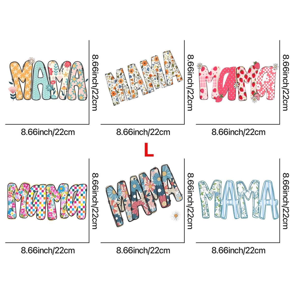 6 PCS Set DTF Heat Transfer Iron On Sticker - Floral, Checkered, Striped & Strawberry Mama Letters - Custom Mothers Day Gift for T-Shirts, Tote Bags, Hats DIY Decoration