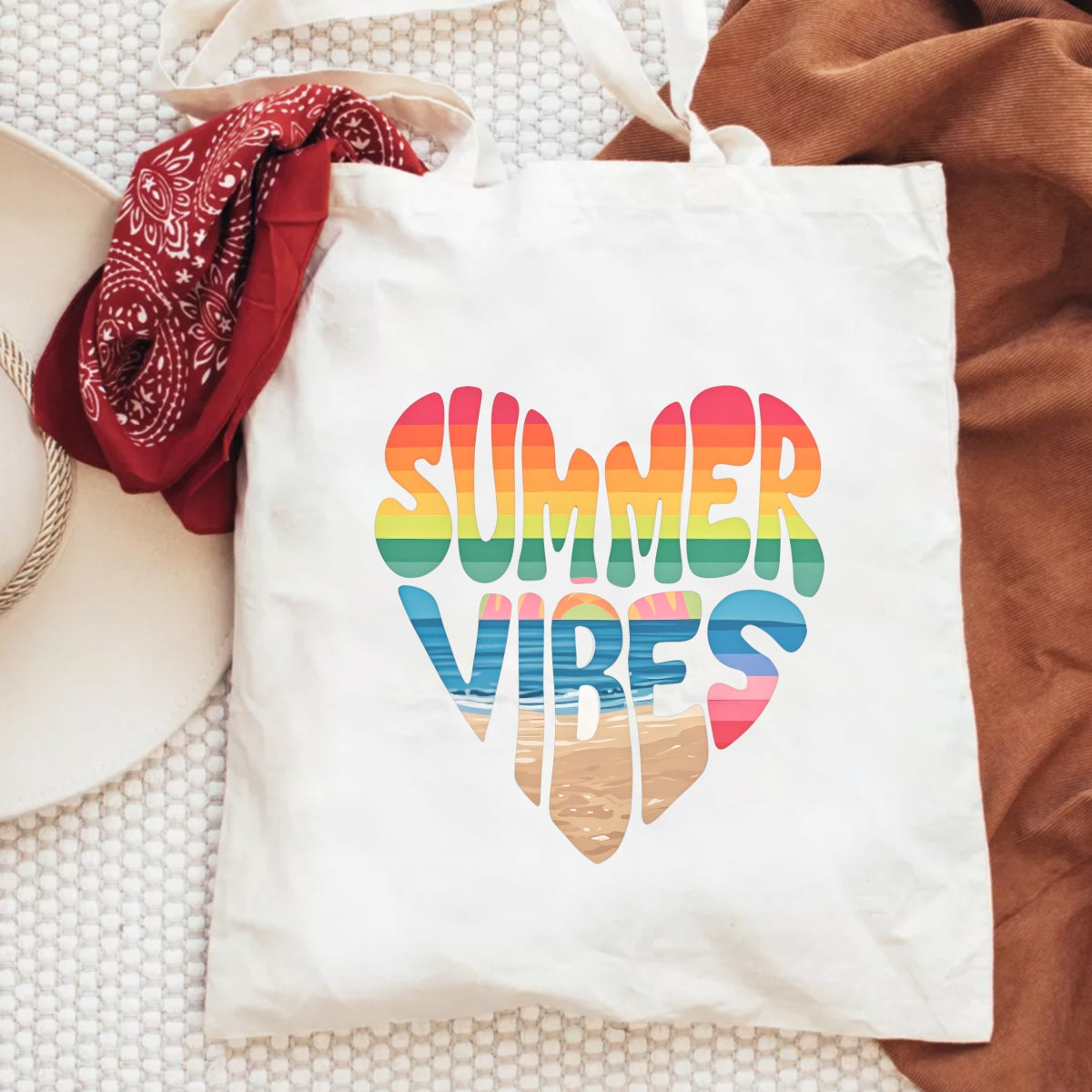Summer Vibes DTF Iron-On Transfer ,  Rainbow Gradient Heart Design with Beach Scene ,  'SUMMER VIBES' Text Sticker for T-Shirts, Hoodies, Tote Bags