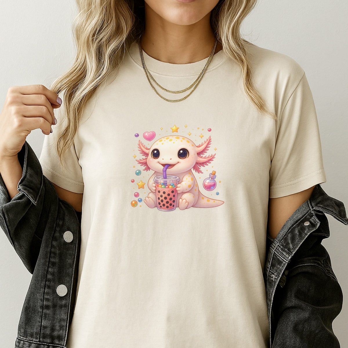 Cute Axolotl Boba Tea DTF Transfer, Kawaii Bubble Tea Iron-On Patch for T-Shirts, Hoodies, Totes,Heat Press Vinyl for DIY Clothing | Anime Style Animal Sticker Decal
