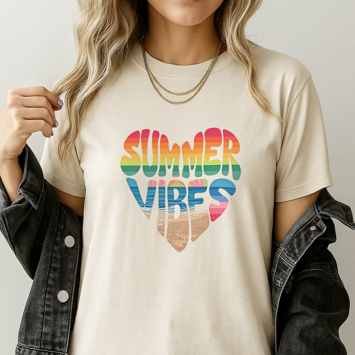 Summer Vibes DTF Iron-On Transfer ,  Rainbow Gradient Heart Design with Beach Scene ,  'SUMMER VIBES' Text Sticker for T-Shirts, Hoodies, Tote Bags