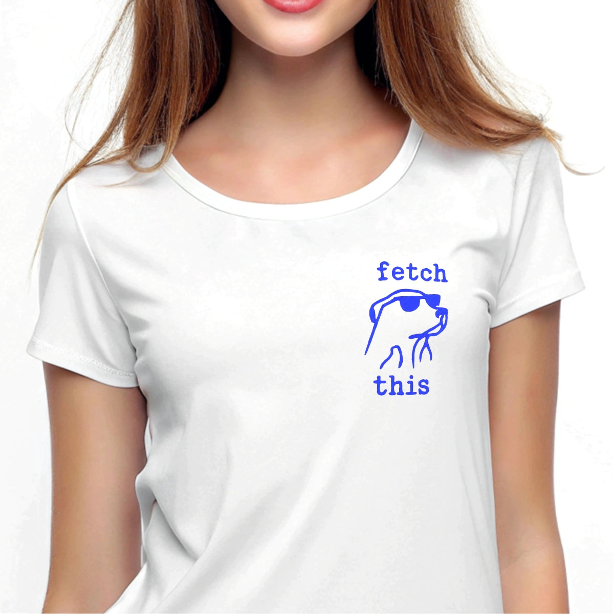 DTF Heat Transfer Iron On Sticker,  Chill Pup with Sunglasses ,  "Fetch This" Bold Blue Typography ,  Modern Minimalist Pet Sticker for Party Outfits, Tote Bags and DIY Crafts