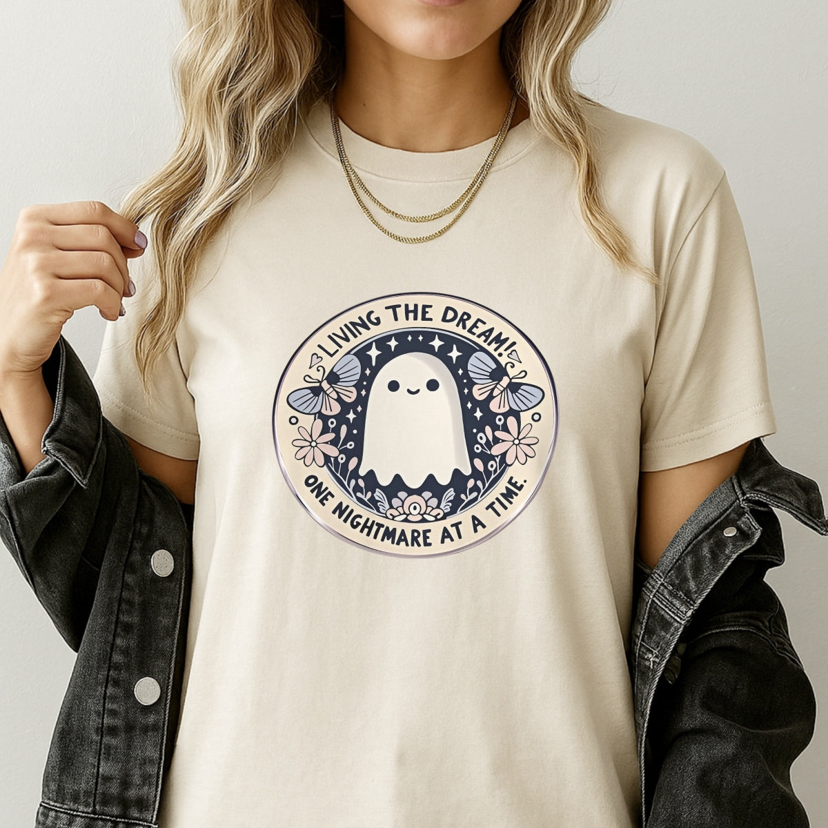 Cute Ghost DTF Iron-On Transfer Sticker,Pastel Starry Design with Butterflies & Flowers , Halloween  Decor for Tote Bags, Hoodies