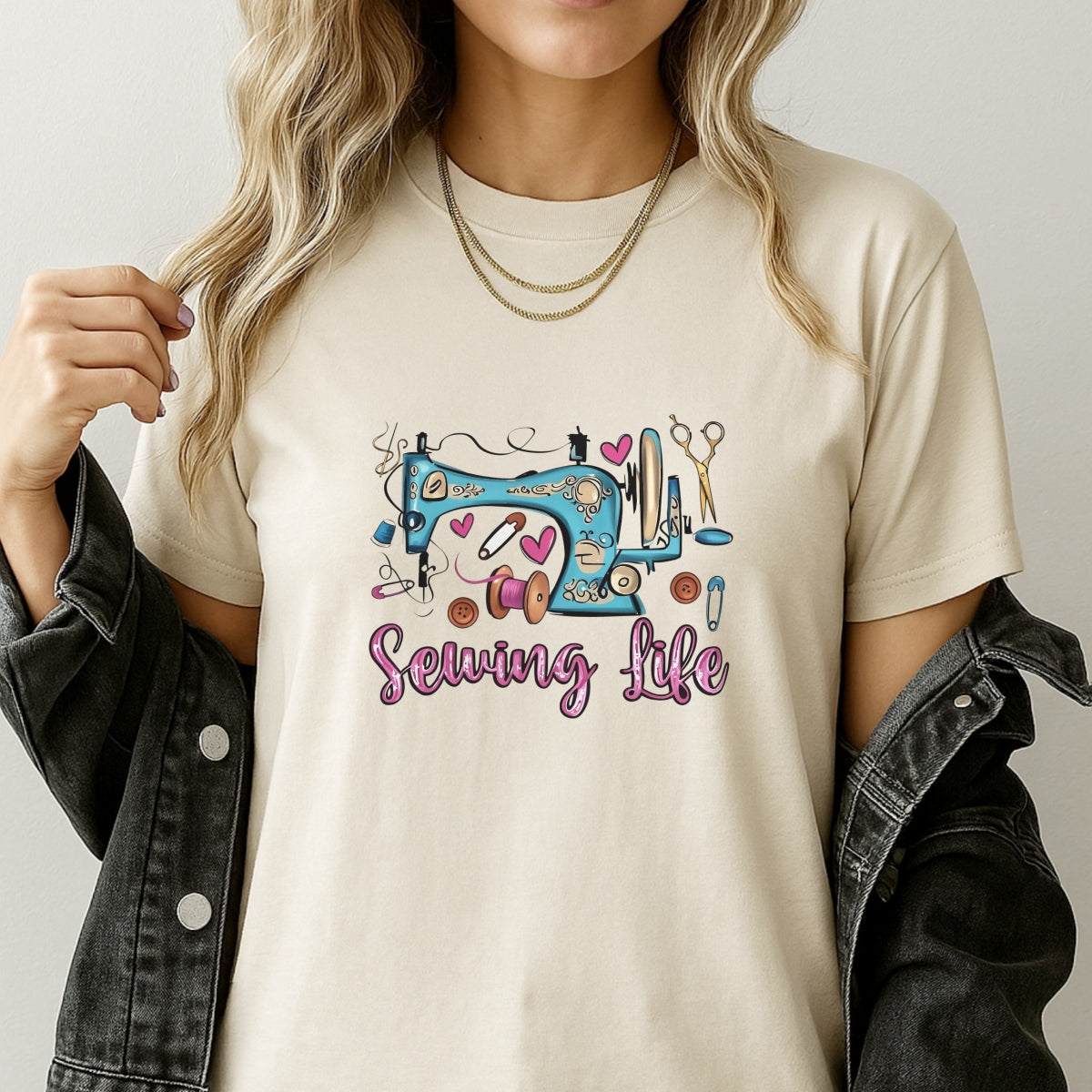 Vintage Sewing Machine DTF Transfer Decal, DIY Craft Embroidery Sticker, Pink Blue Heart Button Design for Apparel, Tote Bags, Wall Art, Easy to Apply Vintage Craft Supplies, Sewing Life Art Sticker