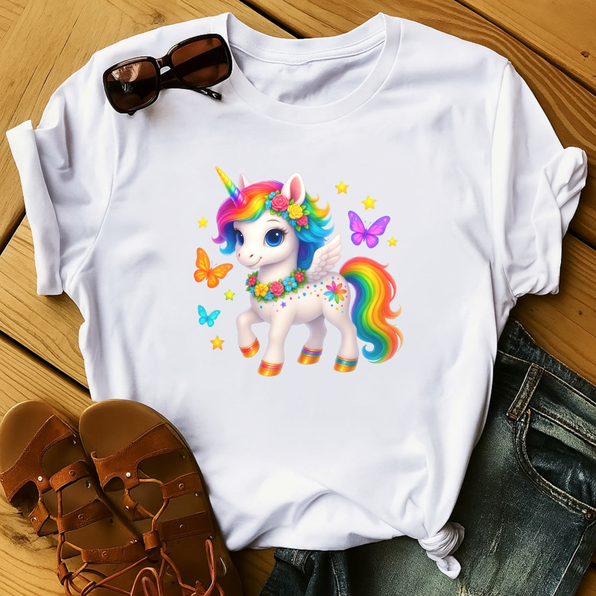 DTF Heat Transfer Iron On Sticker,Rainbow Unicorn with Wings, Flowers, and Stars Design for DIY Shirt, Fantasy Lover Gift, Magical Aesthetic Apparel Decoration
