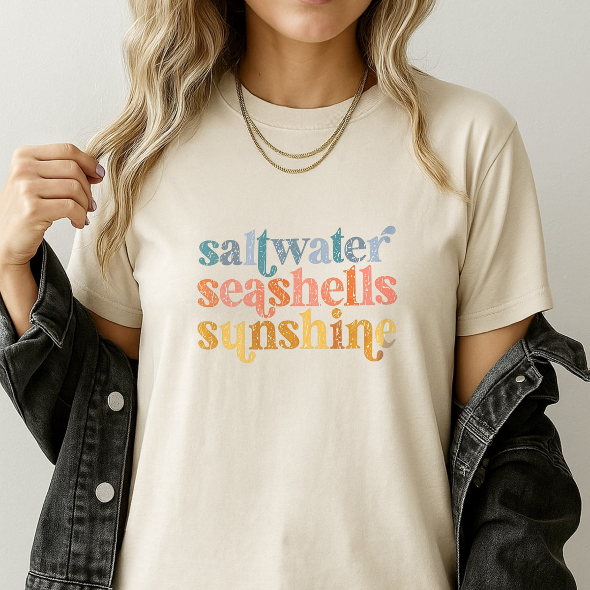 Ocean-Themed DTF Iron-On Transfer Sticker , Vintage Saltwater Seashells and Sunshine Design , Retro Beach Decal for T-Shirts, Hoodies, Tote Bags