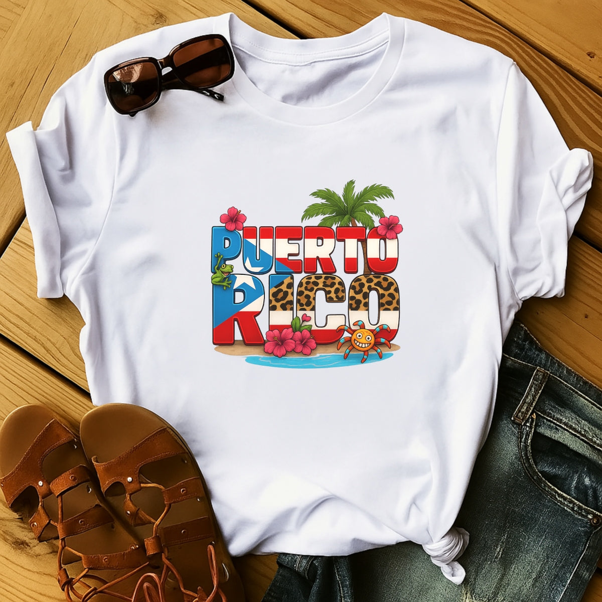 DTF Heat Transfer Iron On Sticker Puerto Rico Design Tropical Floral Palm Tree Hibiscus for T-Shirts Jeans Hoodies Bags DIY Crafts