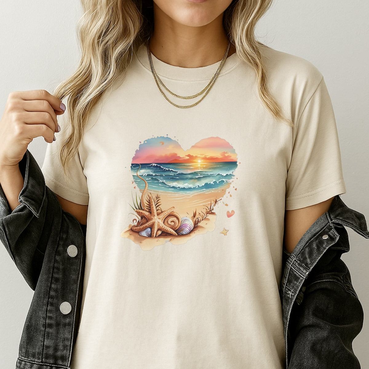 Sunset Beach Heart DTF Transfer,Cute Ocean Summer Iron On Patch for T-Shirts, Tote Bags, DIY Heat Press Decals, Aesthetic Watercolor Surf Art, Pastel Coastal Vinyl Design