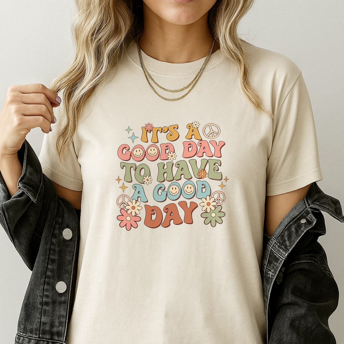 DFT Iron-on TransfersGroovy Peace Flower DTF Iron-On Transfer Sticker,'It's a Good Day' Retro Hippie Design,Vibrant Smiley Face & Floral Motif for Apparel, Tote Bags