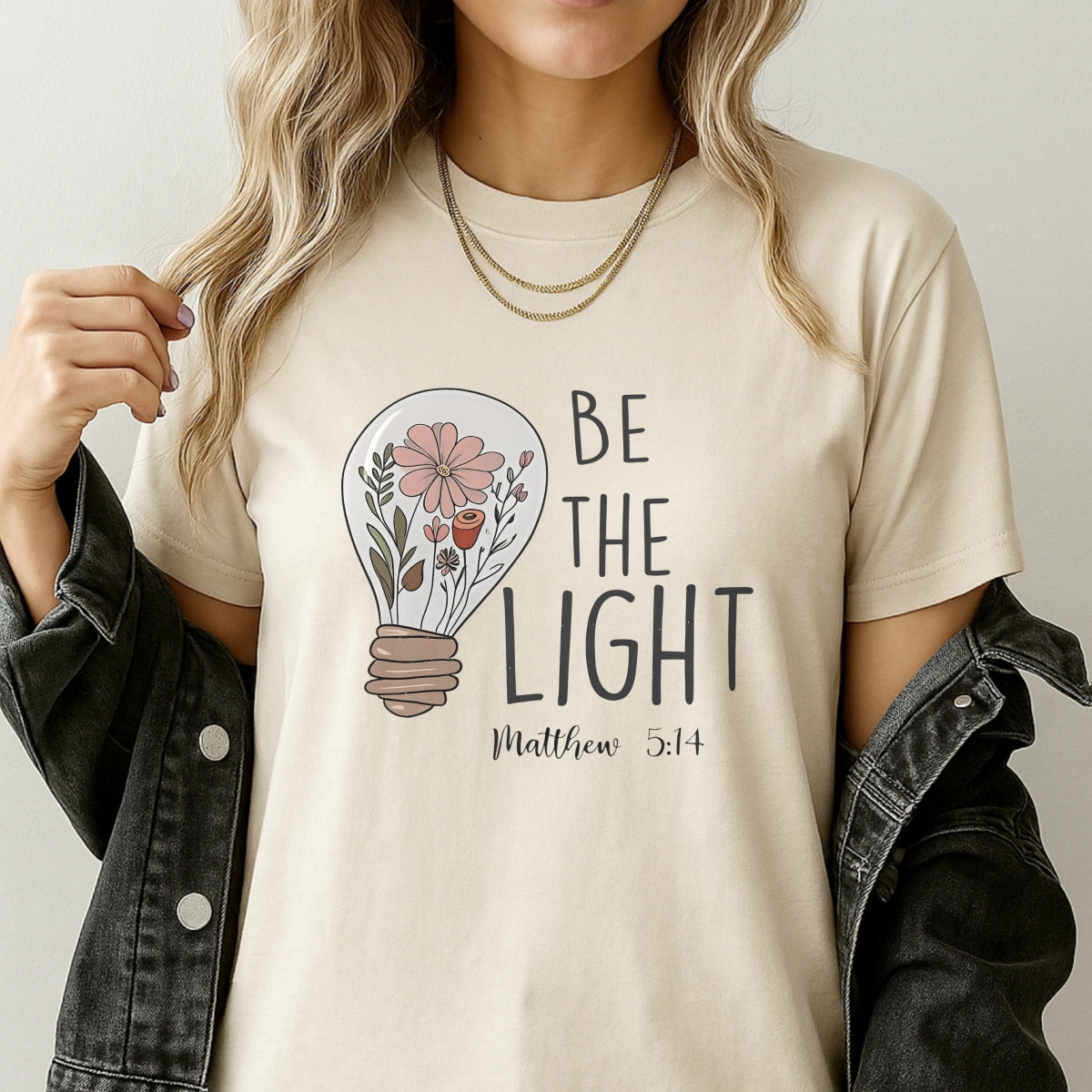 DTF Heat Transfer Iron On Sticker,  Floral Lightbulb Scripture Art with "BE THE LIGHT" & Matthew 5:14,   Decal for Clothing, Tote Bags