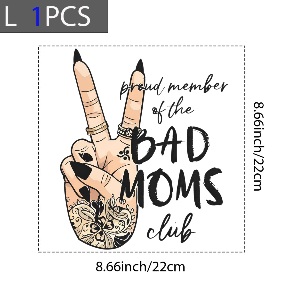 DTF Heat Transfer Iron On Sticker, "Bad Moms Club" Hand Gesture Art with Henna Floral Patterns & Peace Sign,Empowerment Slogan Sticker for Clothing, Tote Bags