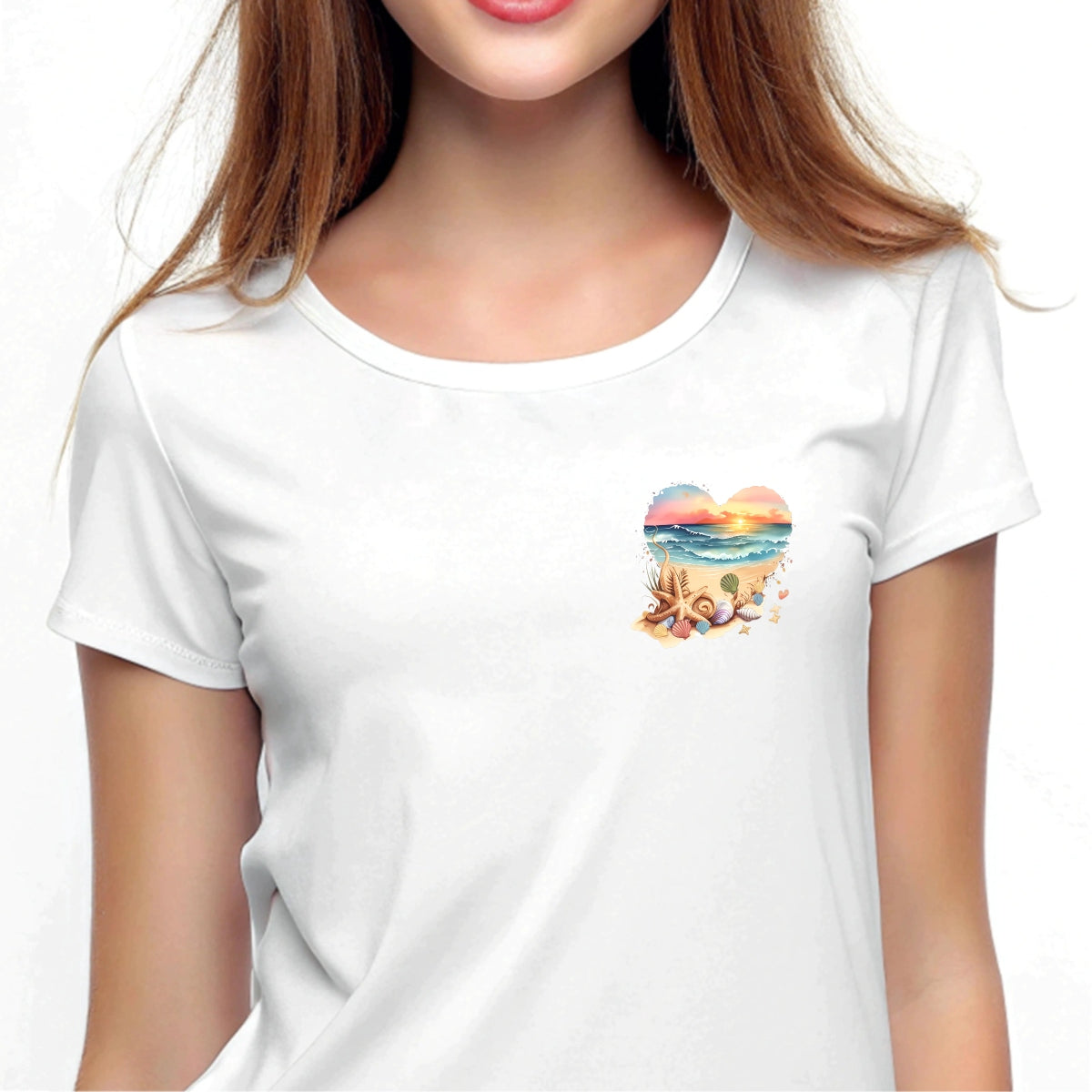 DTF Heat Transfer Iron On Sticker ,  Heart-Shaped Beach Sunset Scene with Seashells and Starfish , Tropical Vacation Merch for Clothing, Tote Bags