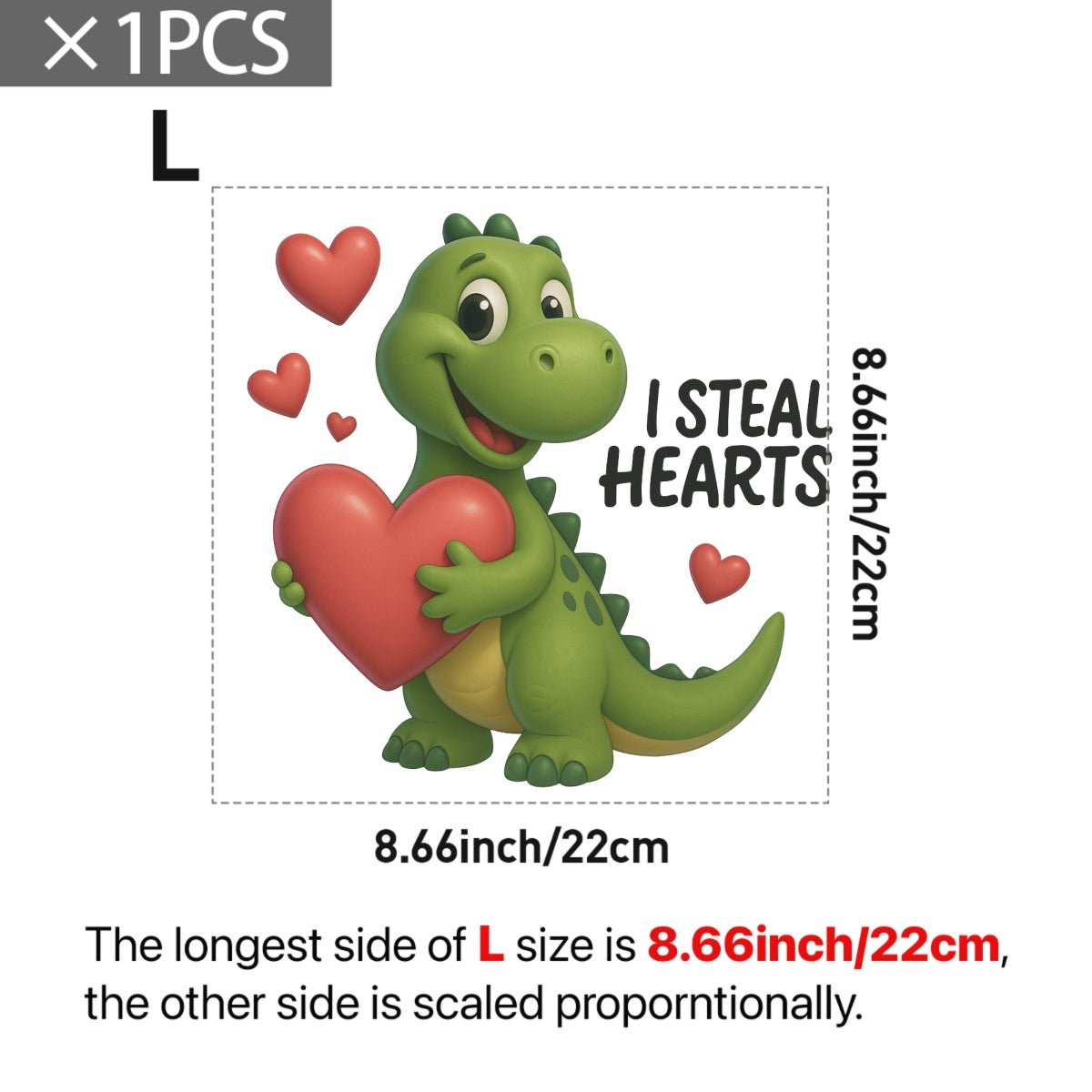 Cute Dinosaur Heat Transfer Patch ,  Steal Hearts Iron-On Decal for T-Shirts, Bags, Funny Valentine DIY Design