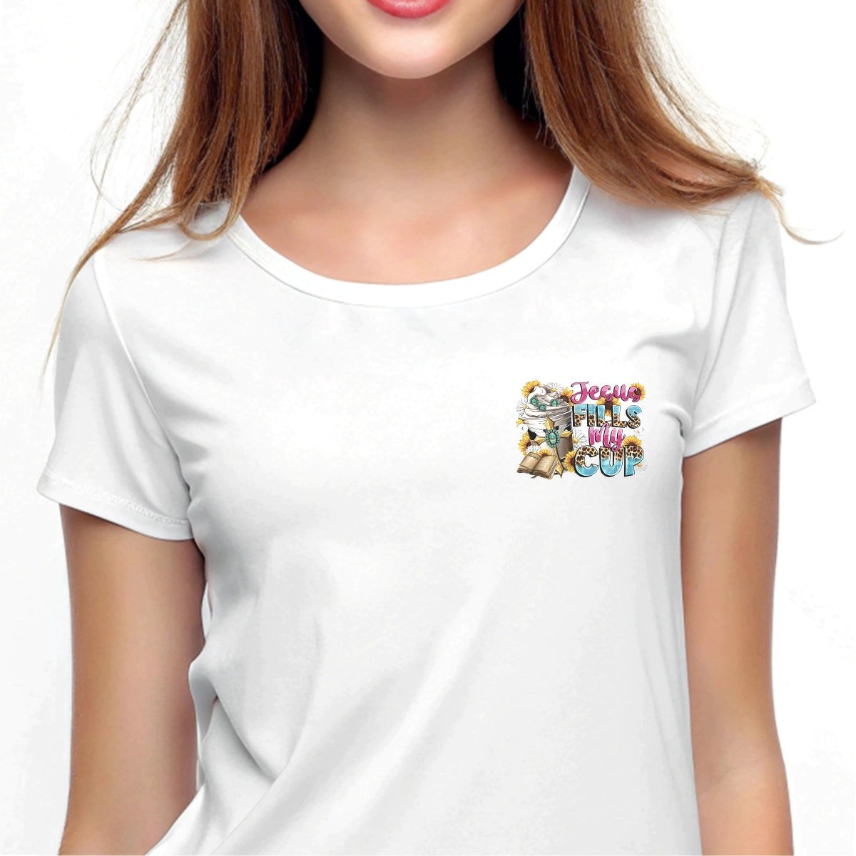 DTF Heat Transfer Iron On Sticker , Floral Bible Cross with "Jesus FILLS My CUP" Verse , Christian Faith Decor Sticker for Clothing, Tote Bags