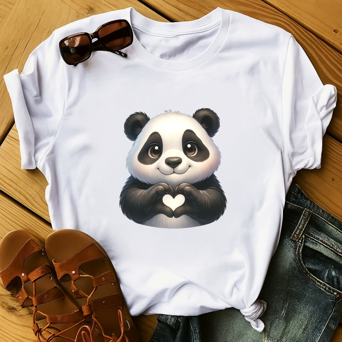 DTF Heat Transfer Iron On Sticker,Cute Panda with Heart Hands Design for DIY Shirt, Tote Bag, Animal Lover Gift, Aesthetic Graphic Patch