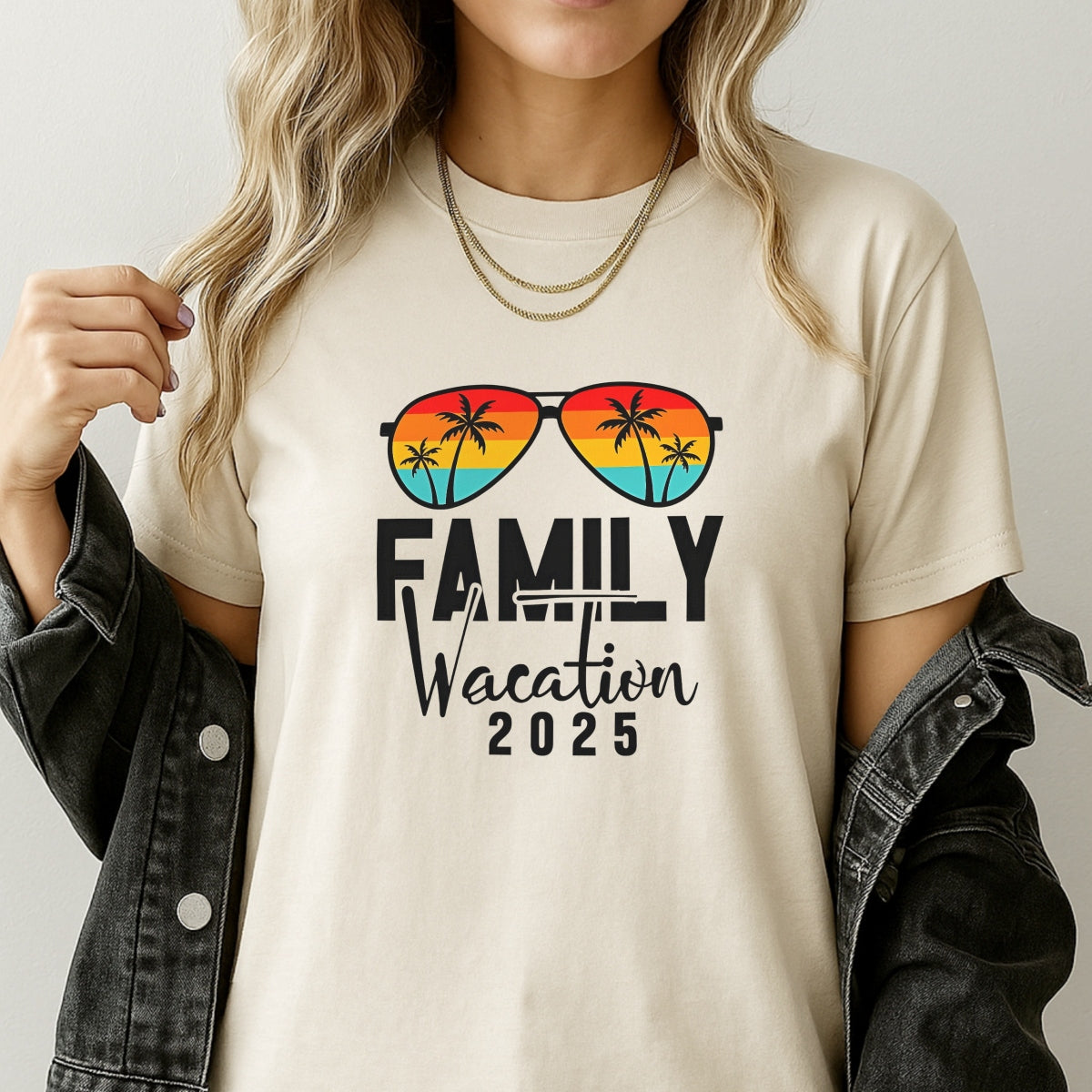 2025 Family Vacation DTF Iron-On Transfer , Beach Vibes Sunglasses Design with Gradient Lenses , Palm Tree and Sunset Sticker Waterproof Heat Press Sticker for T-Shirts, Hoodies, Tote Bags
