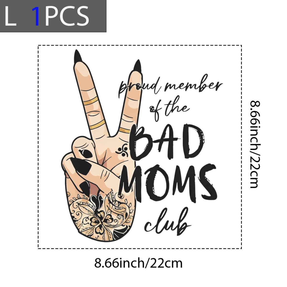 Bad Moms Club Peace Sign DTF Iron-On Decal , Floral Tattoo Mom Life Sticker | Black and Tan Gold Accents Design for Apparel