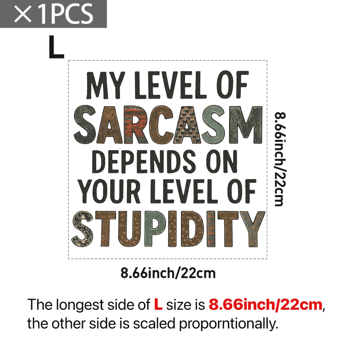 Funny Sarcasm Iron-On Transfer, ‘My Level of Sarcasm Depends on Your Level of Stupidity’,Vintage Style Heat Press Decal for T-Shirts, Bags, DIY Crafts