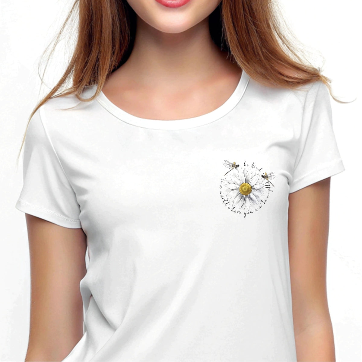 DTF Heat Transfer Iron On Sticker ,  White Daisy with Golden Core and Layered Petals, Dragonflies and "Be Kind" Cursive Text ,  Nature-Inspired Motivational Decal for Clothing, Tote Bags