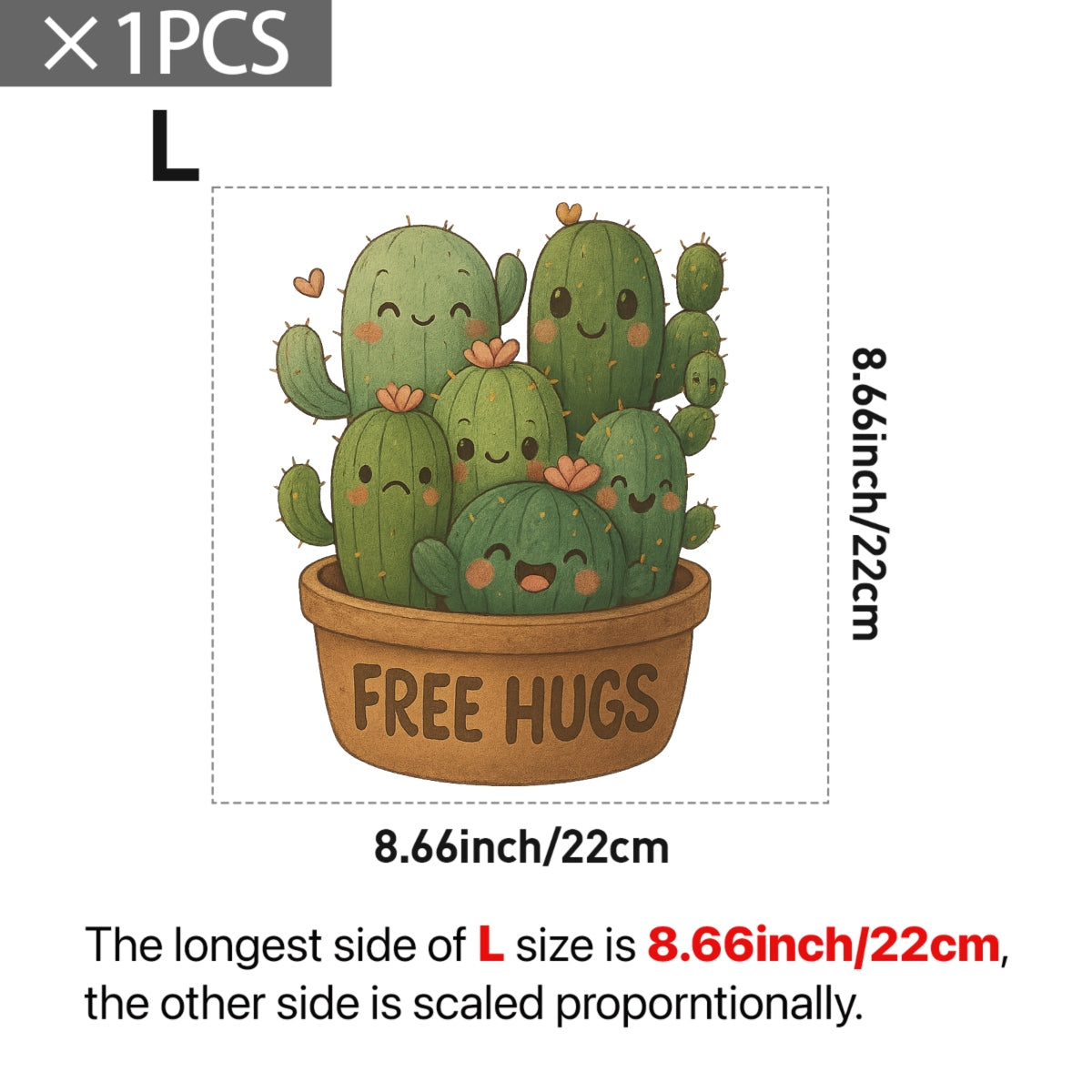 Cute Cactus "Free Hugs" Iron-On Transfer,Funny DTF Heat Transfer Patch for T-Shirts, Tote Bags, Hoodies