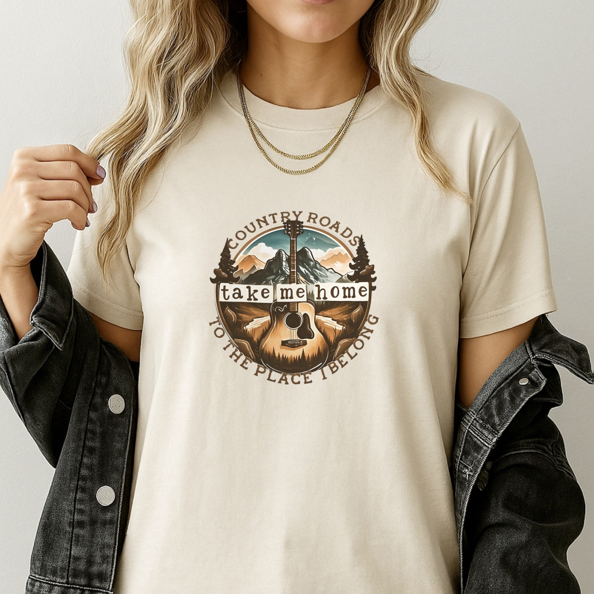 Country Roads Iron On Transfer , Retro Guitar Mountain Design for T-Shirts, Vintage Country Music Heat Press Patch for DIY Clothing, Western Aesthetic Shirt Decal