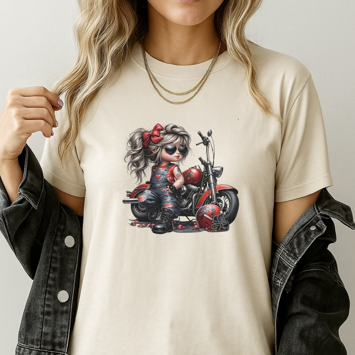 DTF Heat Transfer Iron On Sticker, Cool Biker Style Little Biker with Heart Sunglasses and Red Denim Overalls, Decal for Clothing, Tote Bags