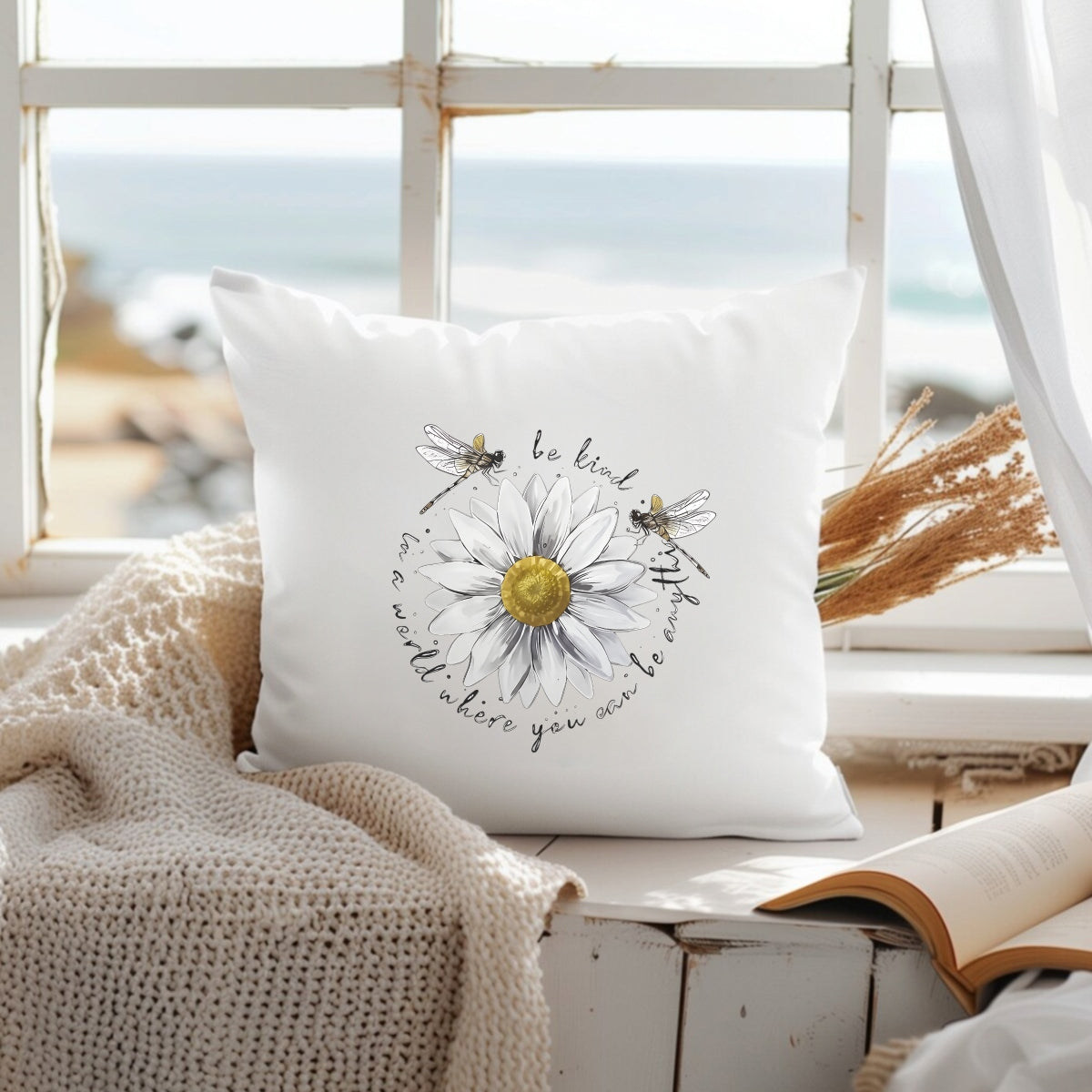 DTF Heat Transfer Iron On Sticker ,  White Daisy with Golden Core and Layered Petals, Dragonflies and "Be Kind" Cursive Text ,  Nature-Inspired Motivational Decal for Clothing, Tote Bags