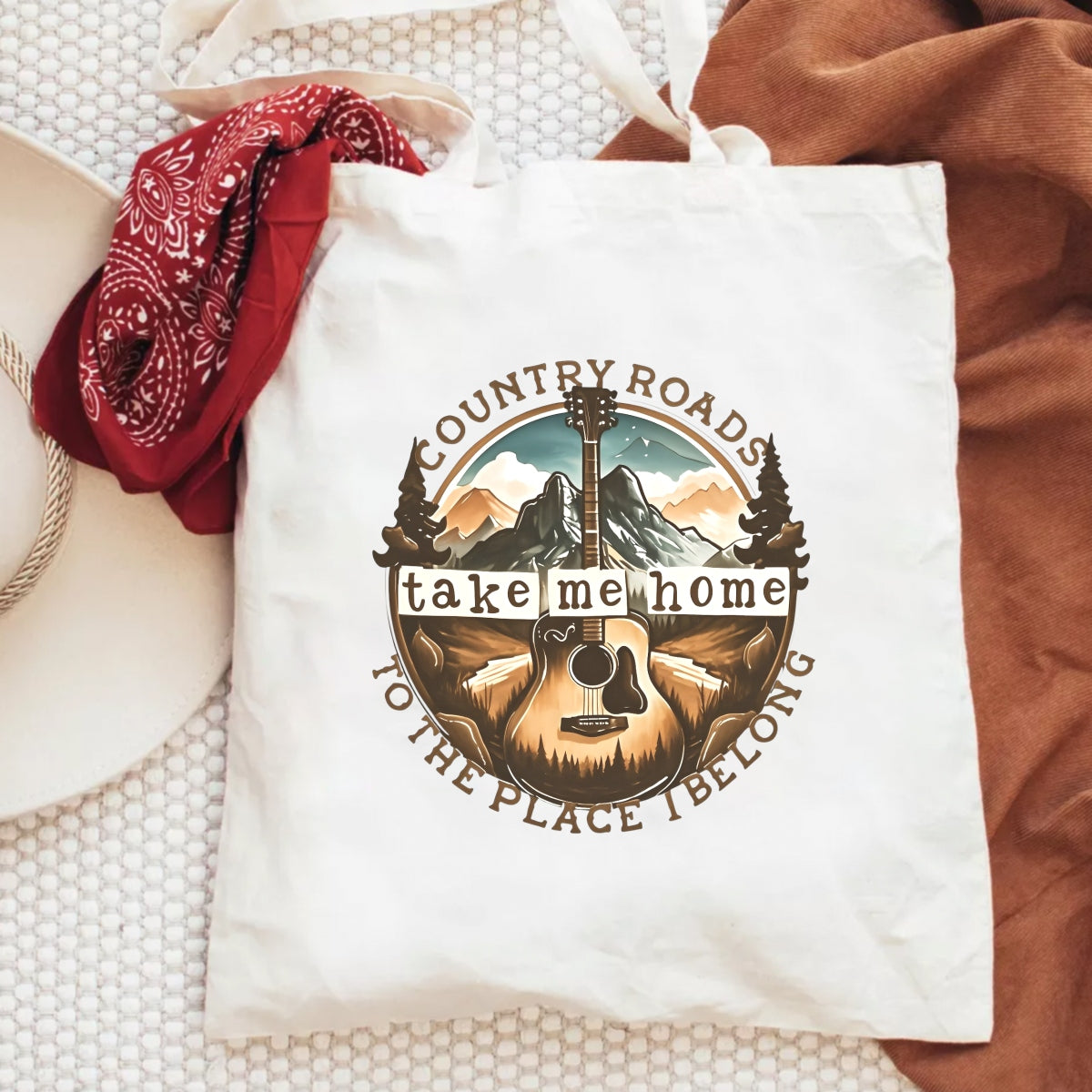 Country Roads Iron On Transfer , Retro Guitar Mountain Design for T-Shirts, Vintage Country Music Heat Press Patch for DIY Clothing, Western Aesthetic Shirt Decal