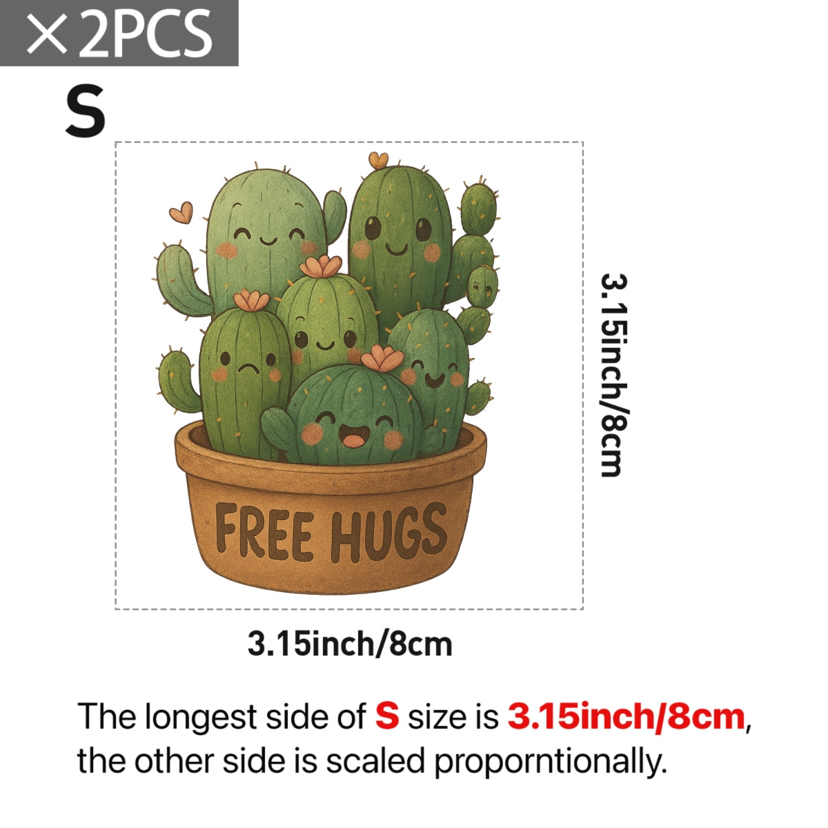 Cute Cactus "Free Hugs" Iron-On Transfer,Funny DTF Heat Transfer Patch for T-Shirts, Tote Bags, Hoodies