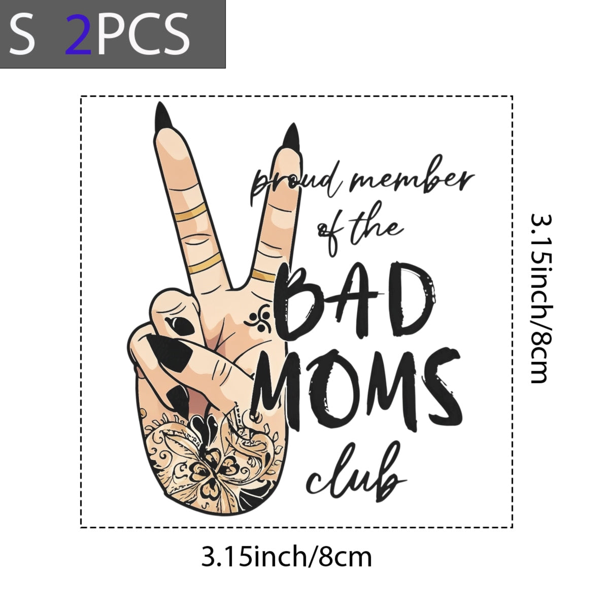 Bad Moms Club Peace Sign DTF Iron-On Decal , Floral Tattoo Mom Life Sticker | Black and Tan Gold Accents Design for Apparel