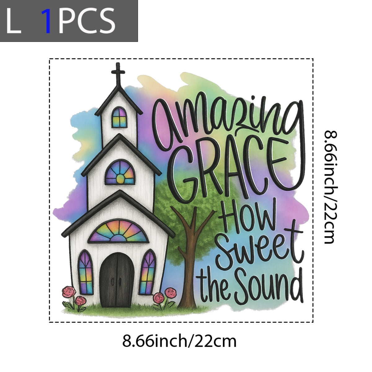 DTF Heat Transfer Iron On Sticker , Gothic Church with Stained Glass and "Amazing Grace" Quote ,  Pink Roses and Green Tree on Pastel Watercolor Background , Inspirational Christian Merch for T-Shirts, Hoodies, Tote Bags