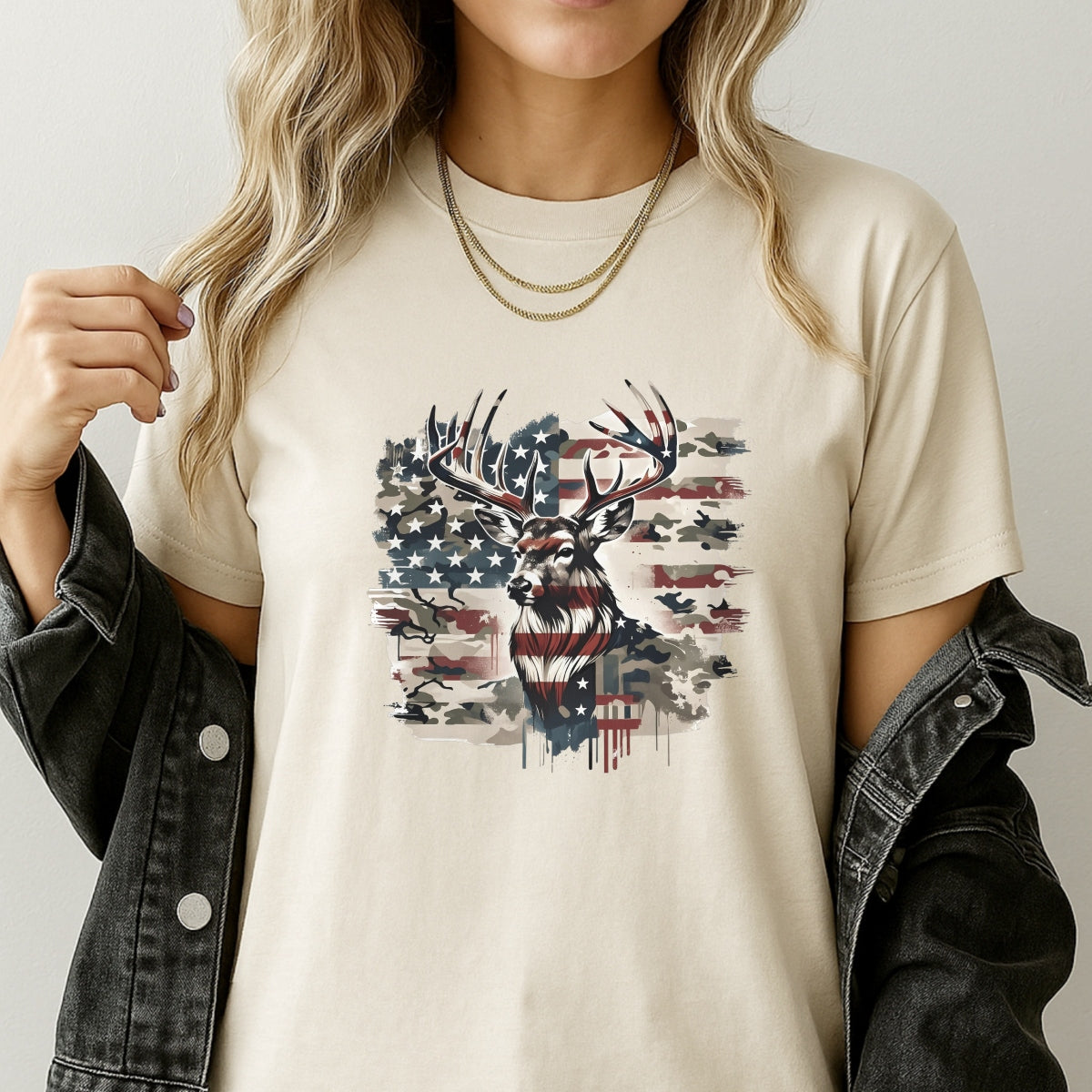 American Flag Deer DTF Iron-On Sticker , Patriotic Camouflage Hunting Decal , Waterproof Vinyl Transfer for T-Shirts