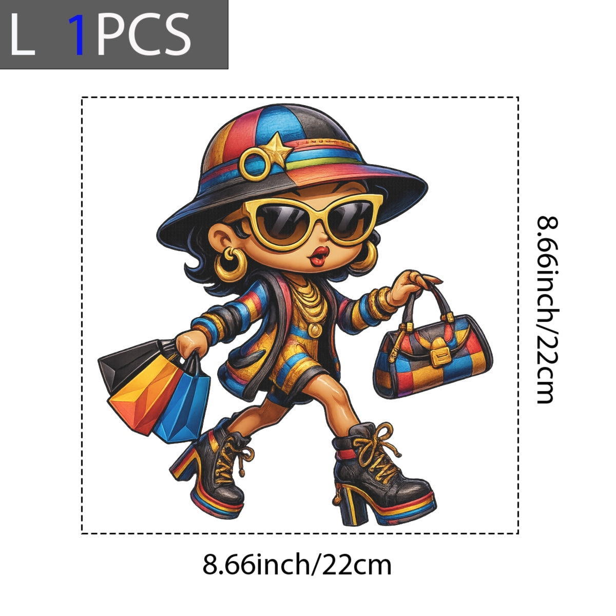 DTF Heat Transfer Iron On Sticker, Cartoon Lady with Striped Jacket & Gold Star Hat, Rainbow High-Heel Boots & Shopping Bags Design, Bold Fashion Decal for Clothing, Tote Bags