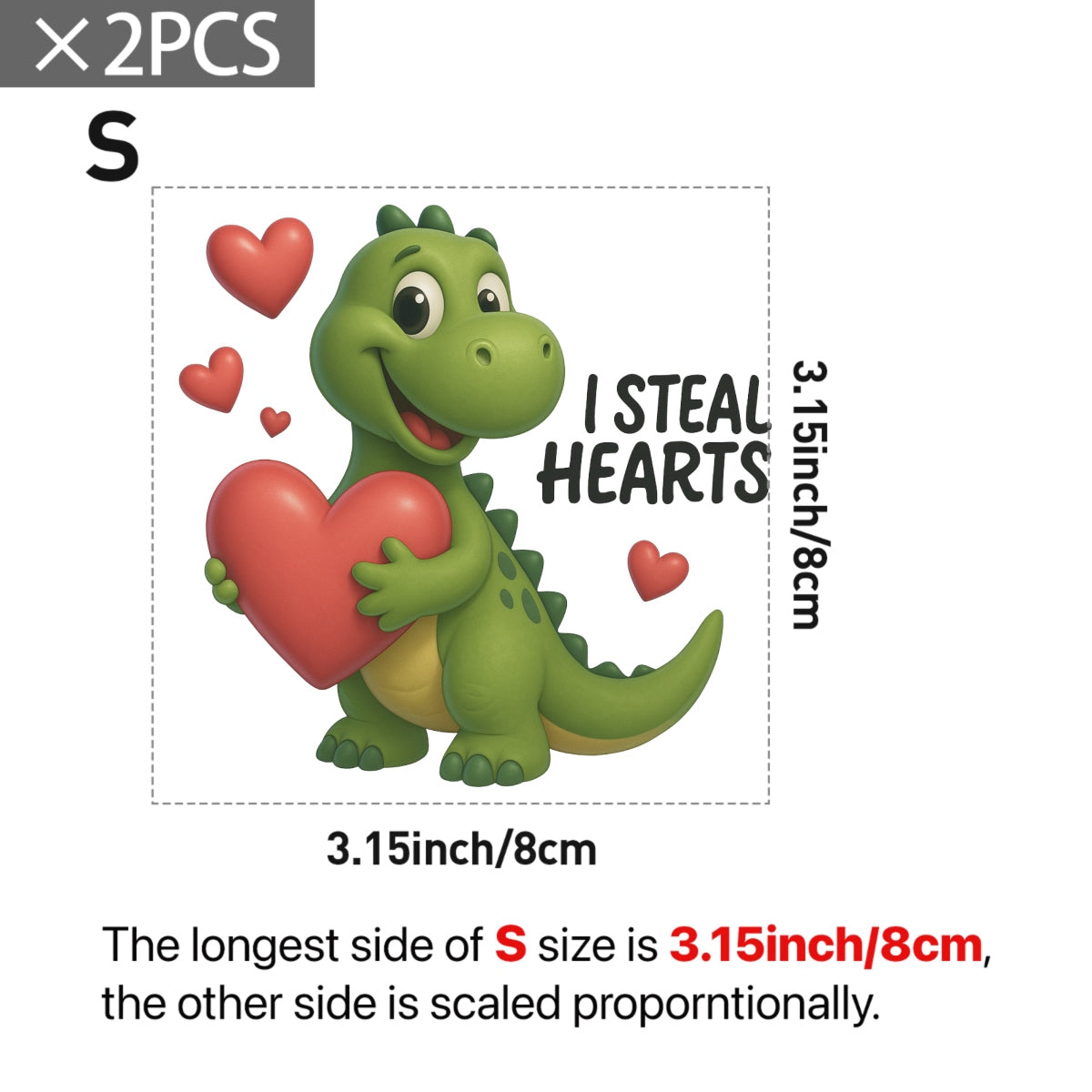 Cute Dinosaur Heat Transfer Patch ,  Steal Hearts Iron-On Decal for T-Shirts, Bags, Funny Valentine DIY Design