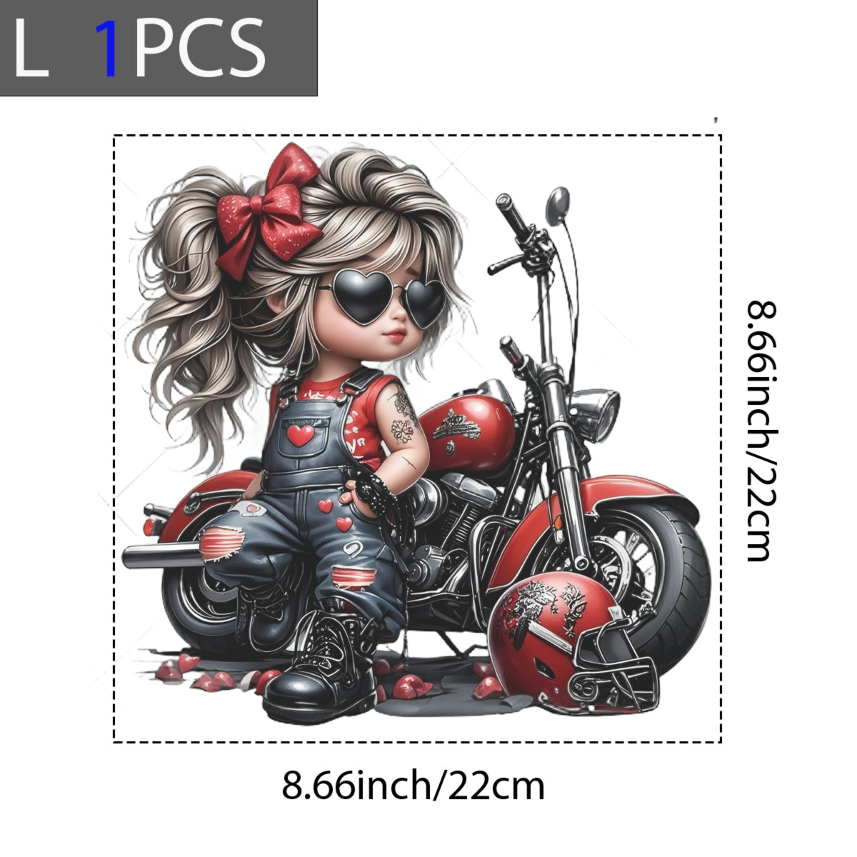 DTF Heat Transfer Iron On Sticker, Cool Biker Style Little Biker with Heart Sunglasses and Red Denim Overalls, Decal for Clothing, Tote Bags