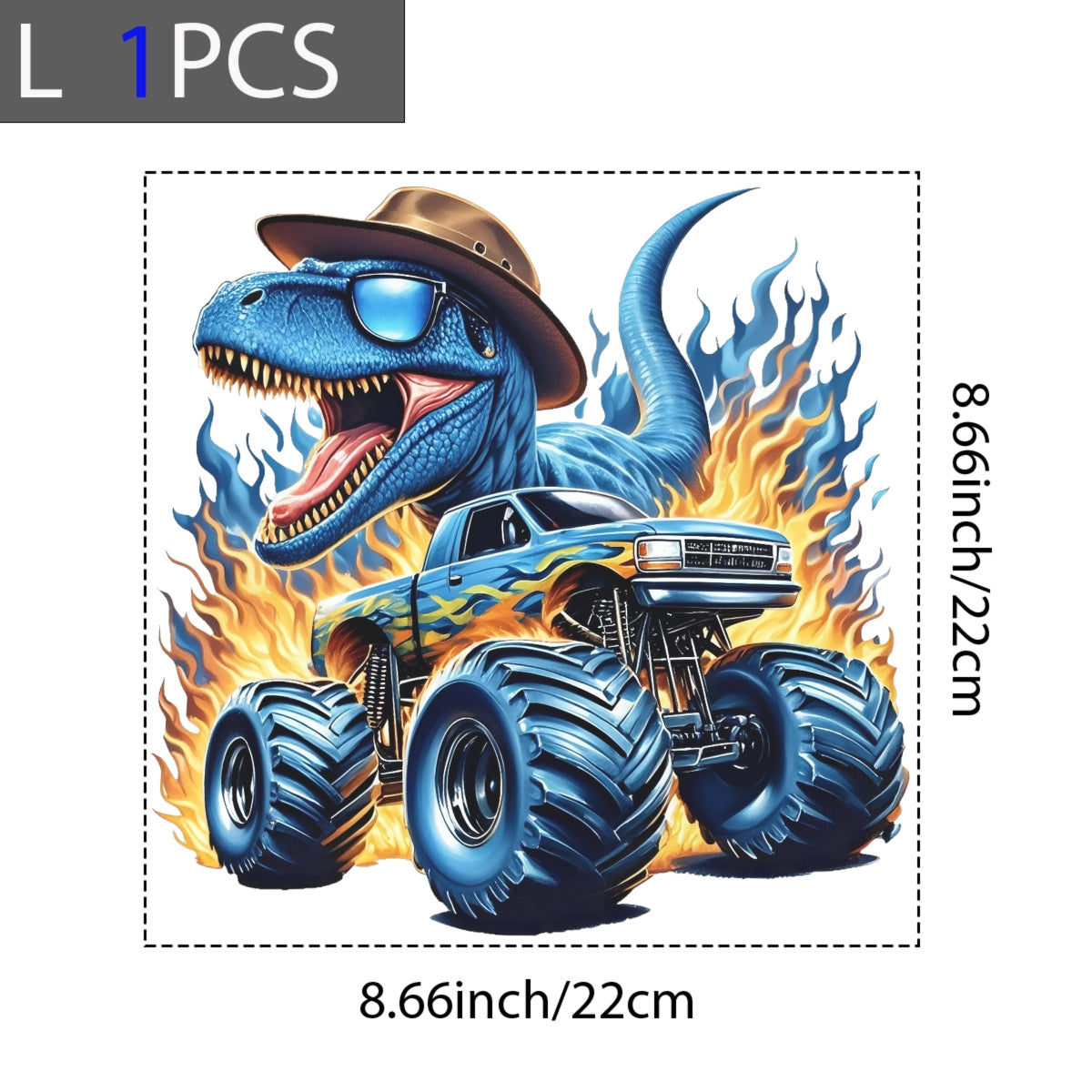 Blue Dinosaur Monster Truck DTF Iron-On Sticker , 'Roaring Flames Adventure' Design,Automotive Decal for T-Shirts, Hoodies