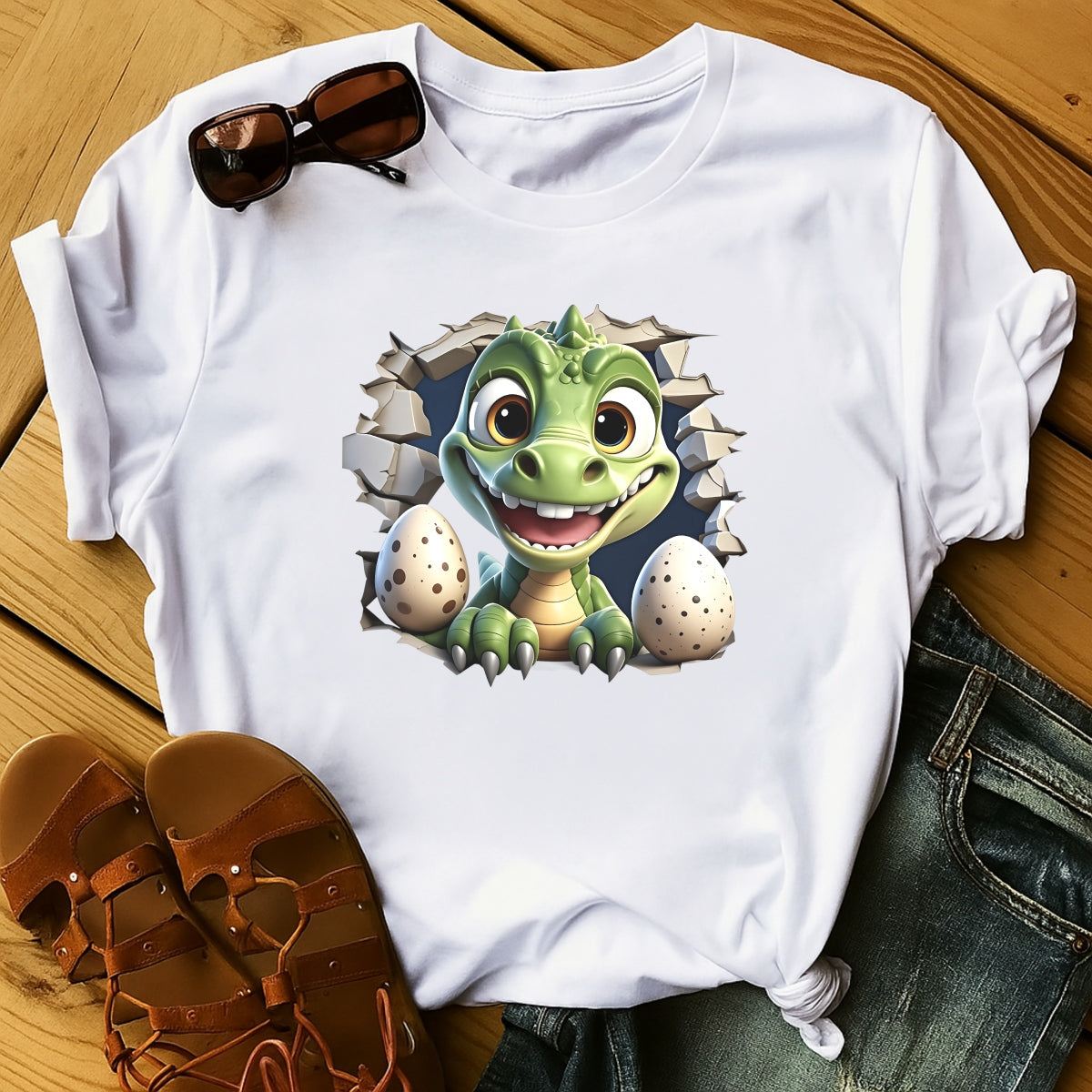 DTF Heat Transfer, Cute Cartoon Dinosaur with Speckled Eggs Breaking Cracked Wall, Vibrant Room Decor, Dinosaur Nursery Wall Art, Playful Home Decal Stickers, DTF Transfers for DIY Projects
