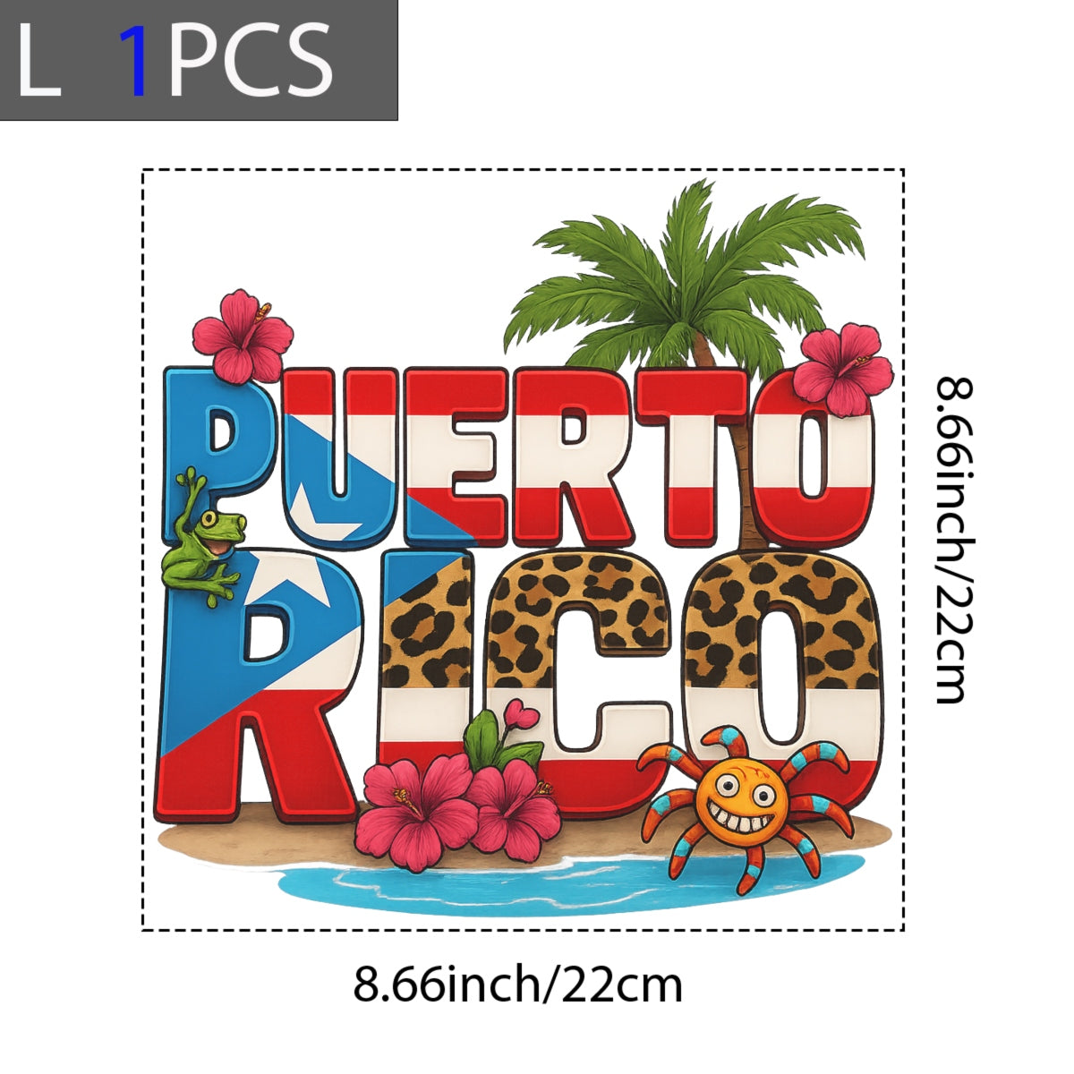 DTF Heat Transfer Iron On Sticker Puerto Rico Design Tropical Floral Palm Tree Hibiscus for T-Shirts Jeans Hoodies Bags DIY Crafts