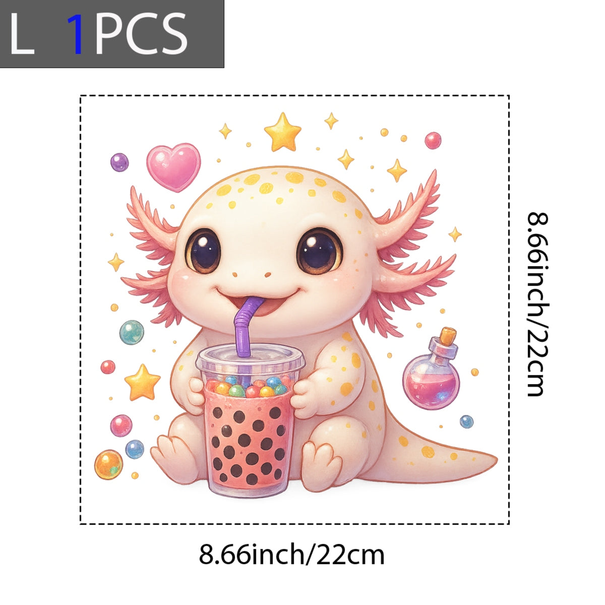 Cute Axolotl Boba Tea DTF Transfer, Kawaii Bubble Tea Iron-On Patch for T-Shirts, Hoodies, Totes,Heat Press Vinyl for DIY Clothing | Anime Style Animal Sticker Decal
