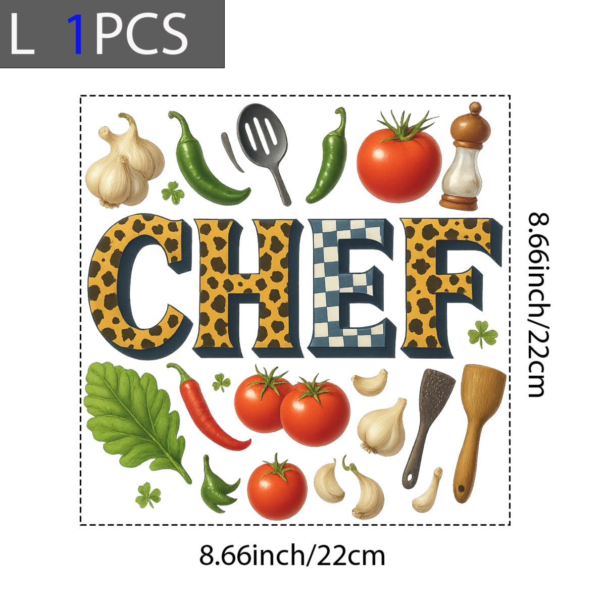 DTF Heat Transfer Iron On Sticker , Vibrant Chef, Garlic, Chili Peppers and Kitchen Tools , Wholesome Kitchen Aesthetic Sticker for Home Decor, Cooking Enthusiast Apparel and Tote Bags