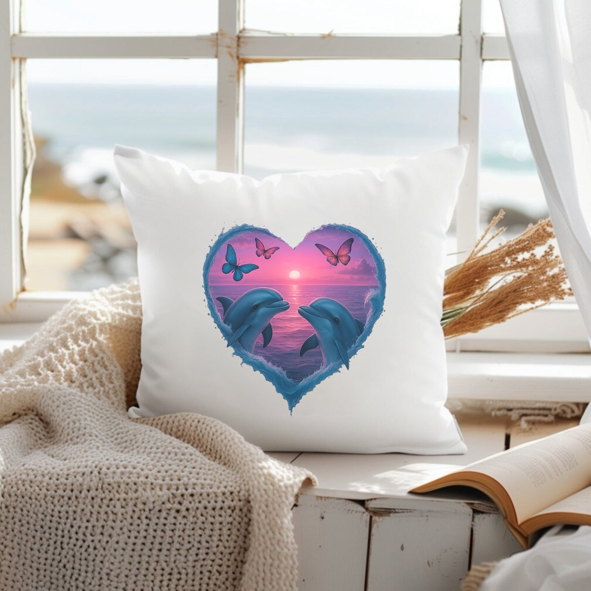 DTF Heat Transfer Iron On Sticker,Romantic Dolphins Heart with Sunset Ocean and Butterflies Design for DIY Shirt, Beachwear, Couple Gift, Aesthetic Summer Vibe