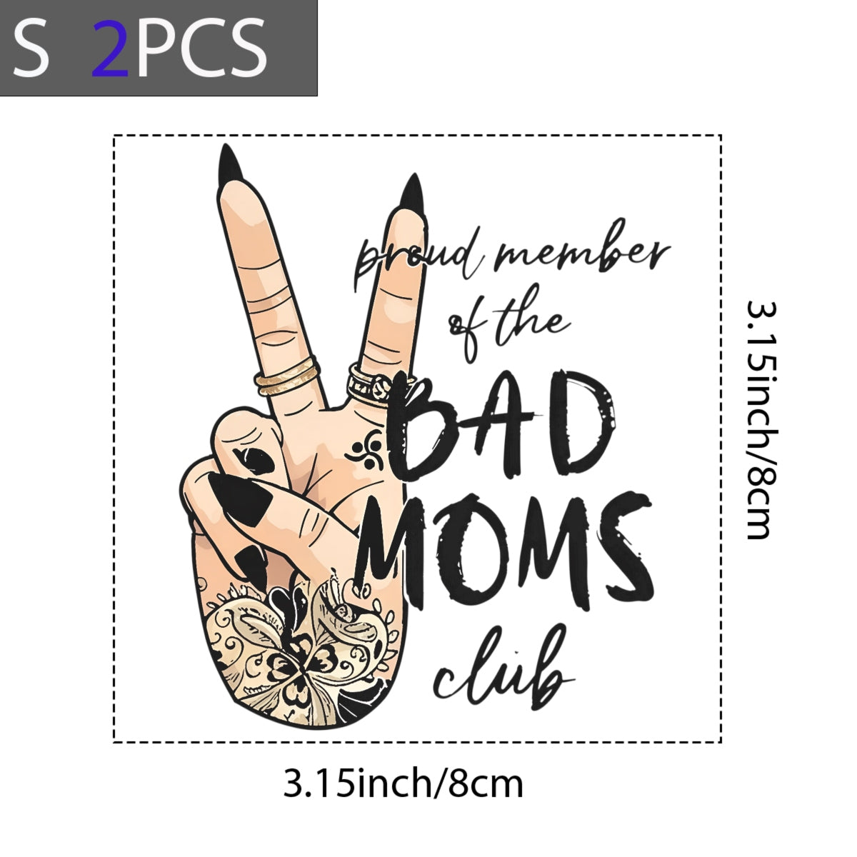 DTF Heat Transfer Iron On Sticker, "Bad Moms Club" Hand Gesture Art with Henna Floral Patterns & Peace Sign,Empowerment Slogan Sticker for Clothing, Tote Bags