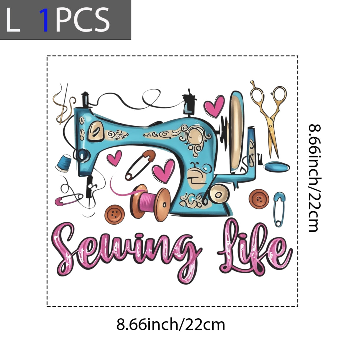 Vintage Sewing Machine DTF Transfer Decal, DIY Craft Embroidery Sticker, Pink Blue Heart Button Design for Apparel, Tote Bags, Wall Art, Easy to Apply Vintage Craft Supplies, Sewing Life Art Sticker