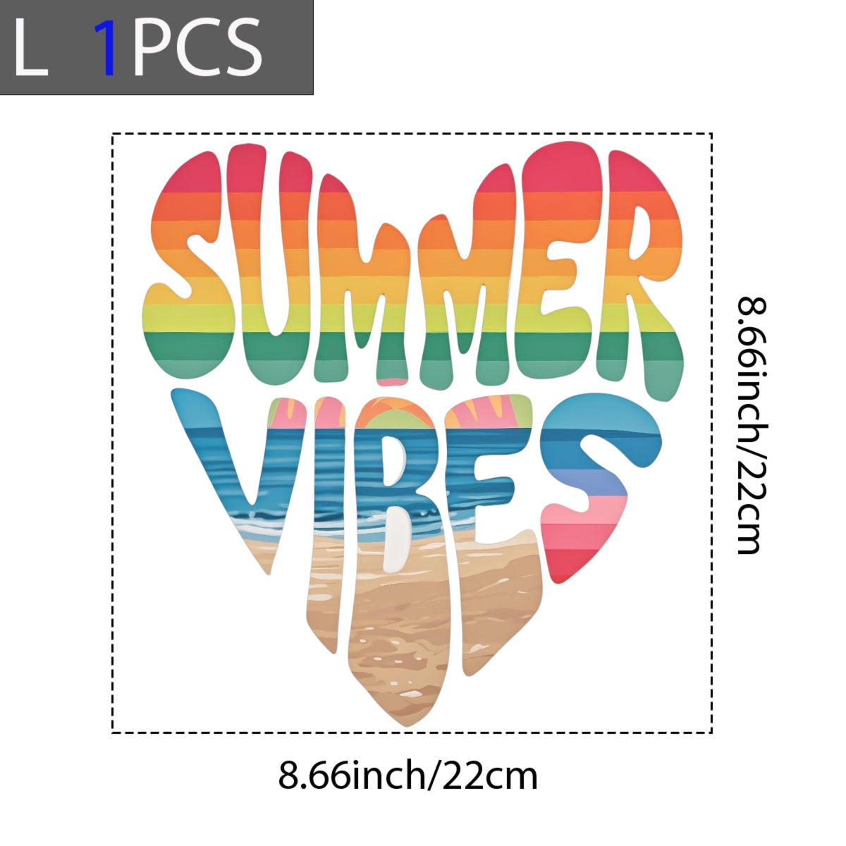 Summer Vibes DTF Iron-On Transfer ,  Rainbow Gradient Heart Design with Beach Scene ,  'SUMMER VIBES' Text Sticker for T-Shirts, Hoodies, Tote Bags