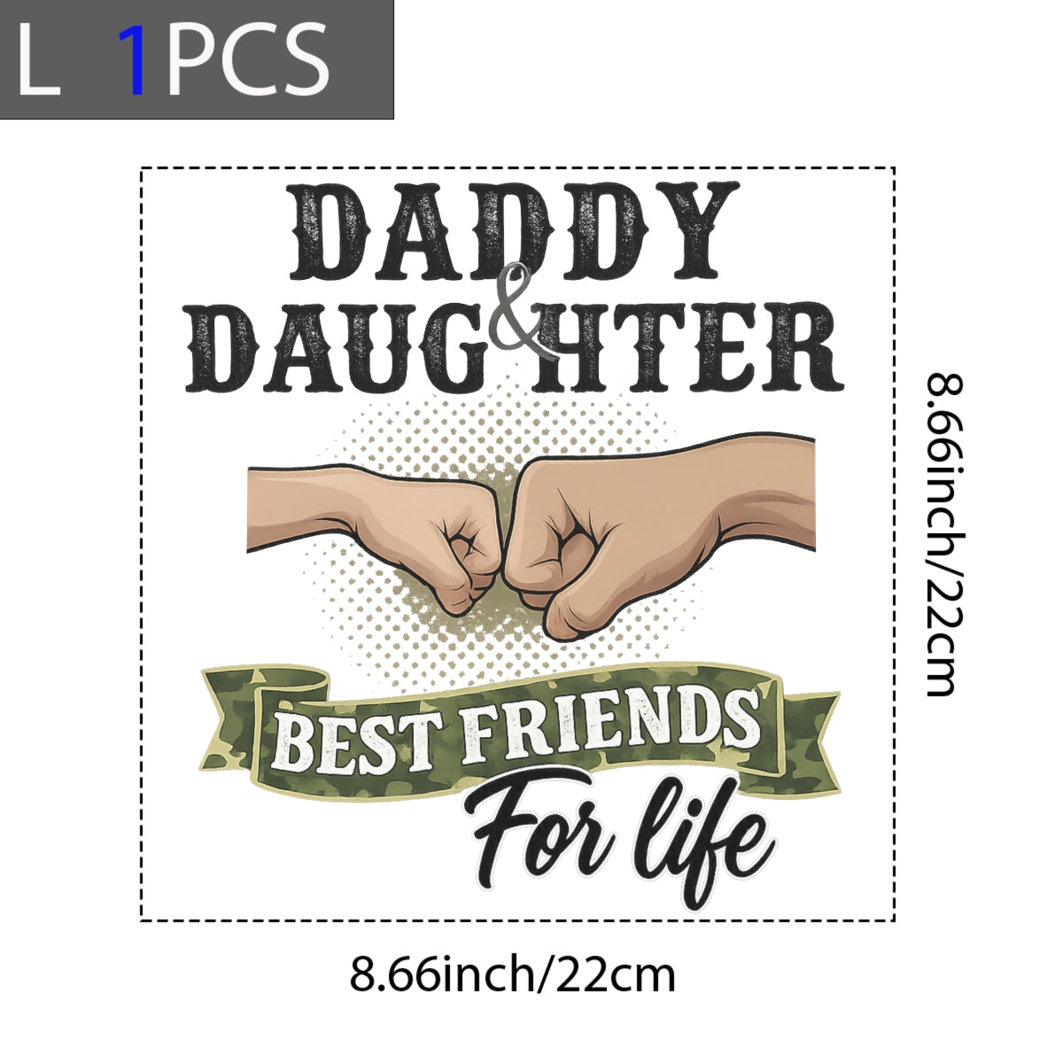 DTF Heat Transfer Iron On Sticker , "DADDY and DAUGHTER" Fist Bump Friendship Design , Vintage Polka Dot Background with Camouflage Ribbon and Military-Inspired Aesthetic ,  Family Bonding Apparel Decal for T-Shirts, Hoodies, Tote Bags