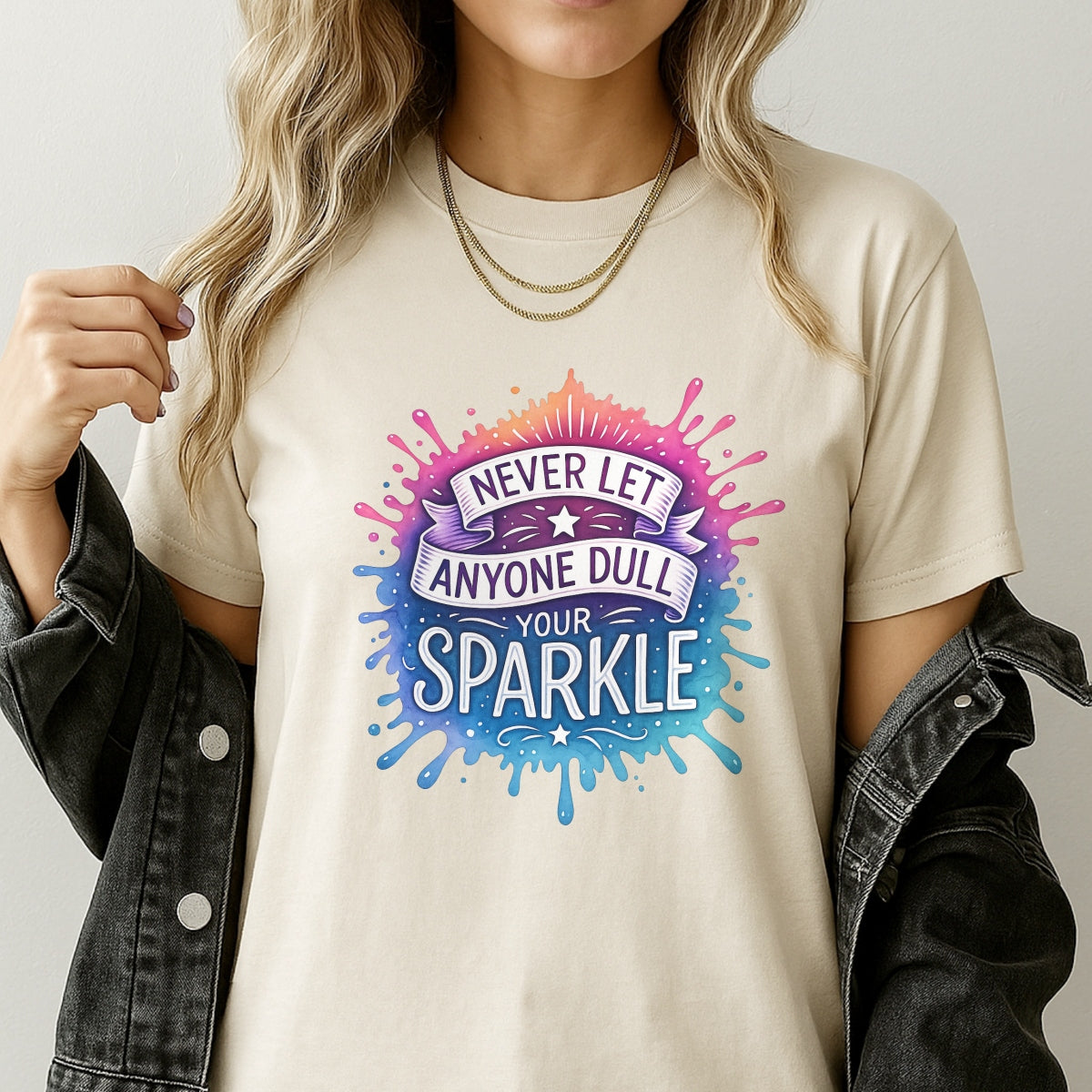 Never Let Anyone Dull Your Sparkle” DTF Transfer , Inspirational Quote Iron-On Patch for T-Shirts, Hoodies, Totes , Vibrant Glitter Effect Heat Press Decal for DIY Clothing
