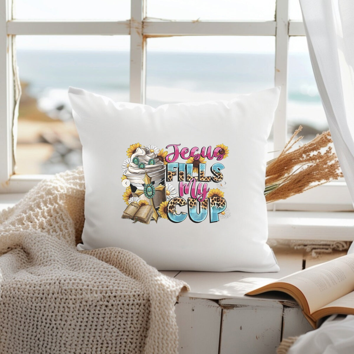 DTF Heat Transfer Iron On Sticker , Floral Bible Cross with "Jesus FILLS My CUP" Verse , Christian Faith Decor Sticker for Clothing, Tote Bags